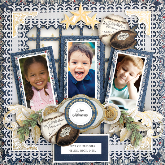 Showcase your memories with the "12x12 Scrapbook Page For Him Diecut Border Left," a photo-realistic decorative layout for three children’s photos, vintage baseballs, ornate frames, and labeled “Our Memories” and “Best of Buddies: Helen, Rick, Neil.”.