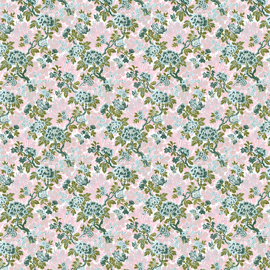 12x12 Lian Floral Branches Pink Text Paper (5 sheets) features a repeating floral pattern with green leaves and blue, pink, and white flowers on a light pink background—ideal for archival use.