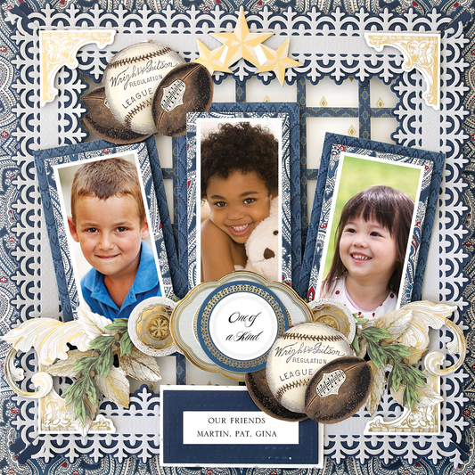 Three framed children's photos are displayed on the "12x12 Scrapbook Page For Him Diecut Border Right," featuring baseballs, flowers, and the text “One of a Kind” and “Our Friends: Martin, Pat, Gina” in a photorealistic digital scrapbook style.