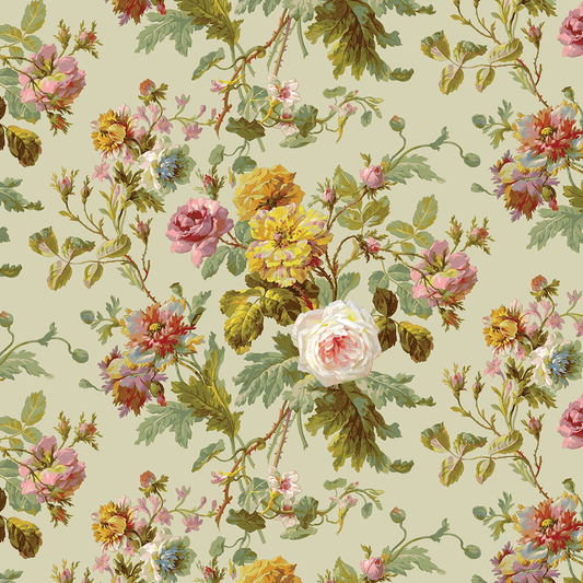 The 12x12 Francesca Main Floral Green Cardstock (5 sheets) features a vintage-style floral and green leaf pattern on a pale background, ideal for double-sided paper crafting.