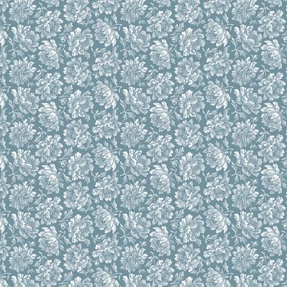 The 12x12 Francesca Main Floral Blue Text Paper (5 sheets) features detailed white flowers and leaves on a muted blue background, ideal for double-sided text paper or archival projects.
