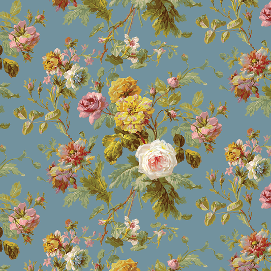 The 12x12 Francesca Main Floral Blue Cardstock (5 sheets) features pink, yellow, and white roses with green leaves on a light blue background—perfect for archival use or coordinated projects from the Francesca collection.