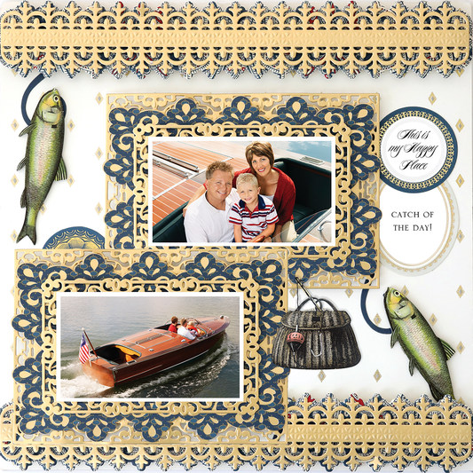 The 12x12 Scrapbook Page For Him Diecut Top & Bottom Borders Right features two family boat photos with ornate frames, fish illustrations, and fishing-themed accents—ideal for photorealistic paper crafting enthusiasts.