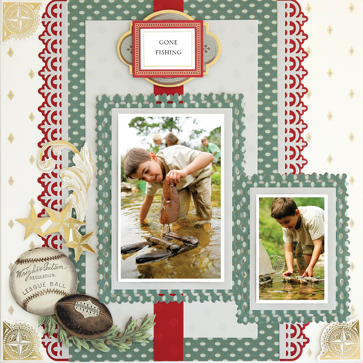 The 12x12 Scrapbook Page For Him Green Medallions & Red Borders Left showcases two photos of a boy fishing in a stream, with vintage patterns, baseball accents, and ornate embellishments for a photo-realistic paper crafting look.