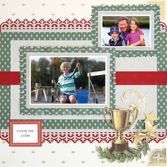 The 12x12 Scrapbook Page For Him Green Medallions & Red Borders Right showcases two lake fishing photos, accented with a trophy illustration and "Catch You Later" sign for a photo realistic paper crafting touch.