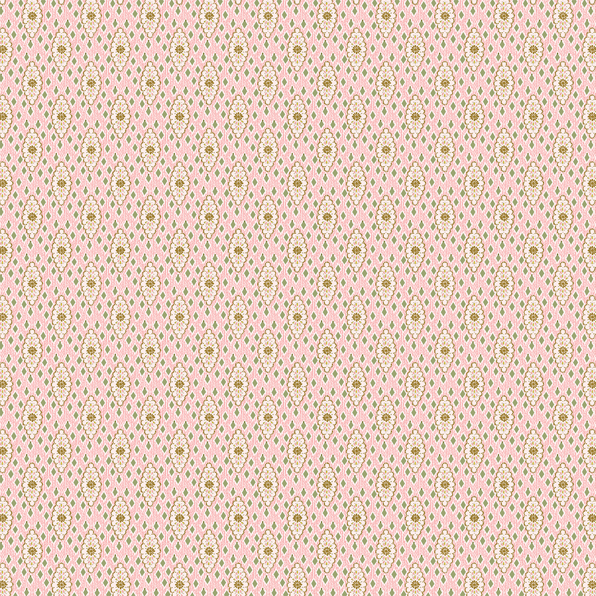 A seamless gold geometric and floral pattern with green on light pink, ideal for archival use or crafts with the 12x12 Francesca Floral Vine White Cardstock (5 sheets).