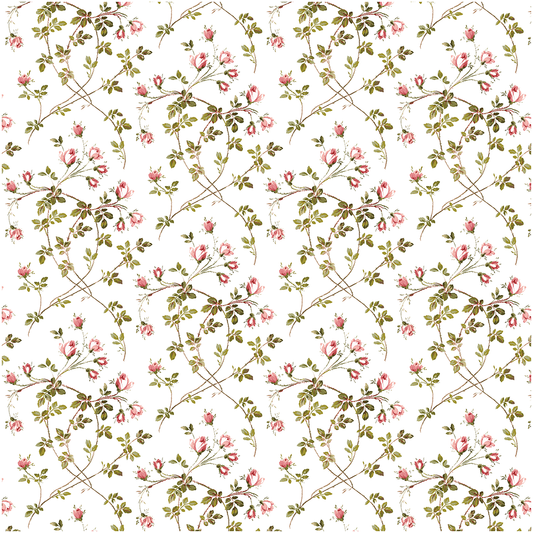 The 12x12 Francesca Floral Vine White Text Paper (5 sheets) features seamless pink flowers and green leaves on brown vines over a white background—ideal for archives and part of the Francesca collection.