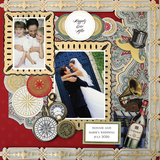 The "12x12 Scrapbook Page For Him Green Paisley Right" features a wedding theme with vintage decor, two couple photos, a child, and the text: "Donnie and Marie's Wedding July 2026," on archival cardstock for lasting memories.