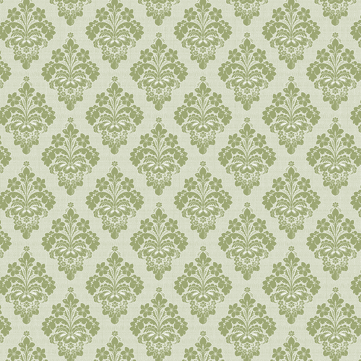 The 12x12 Francesca Damask Green Text Paper (5 sheets) features a green damask floral pattern on light beige, inspired by the Francesca collection—perfect for archival projects or vintage-style double-sided wallpaper designs.