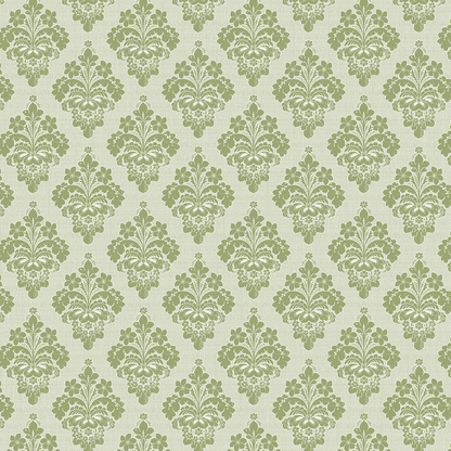 The 12x12 Francesca Damask Green Text Paper (5 sheets) features a green damask floral pattern on light beige, inspired by the Francesca collection—perfect for archival projects or vintage-style double-sided wallpaper designs.