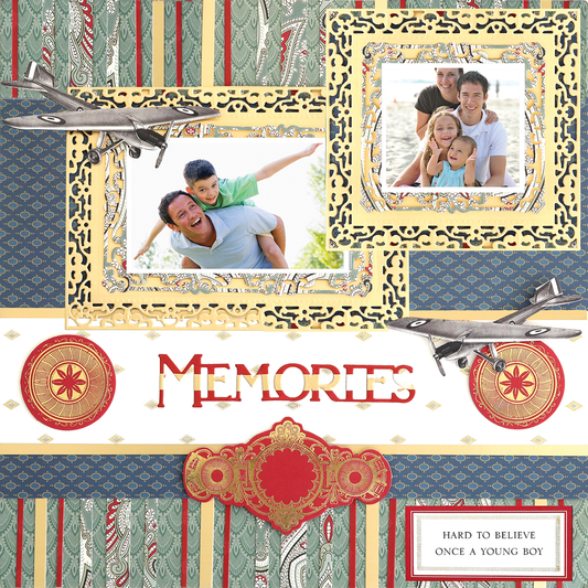 A 12x12 scrapbook page for him, "Medallion and Paisley Stripe Left," featuring two smiling family photos, realistic papercraft details, airplane motifs, decorative patterns, and the sentiments "MEMORIES" and "HARD TO BELIEVE ONCE A YOUNG BOY.
