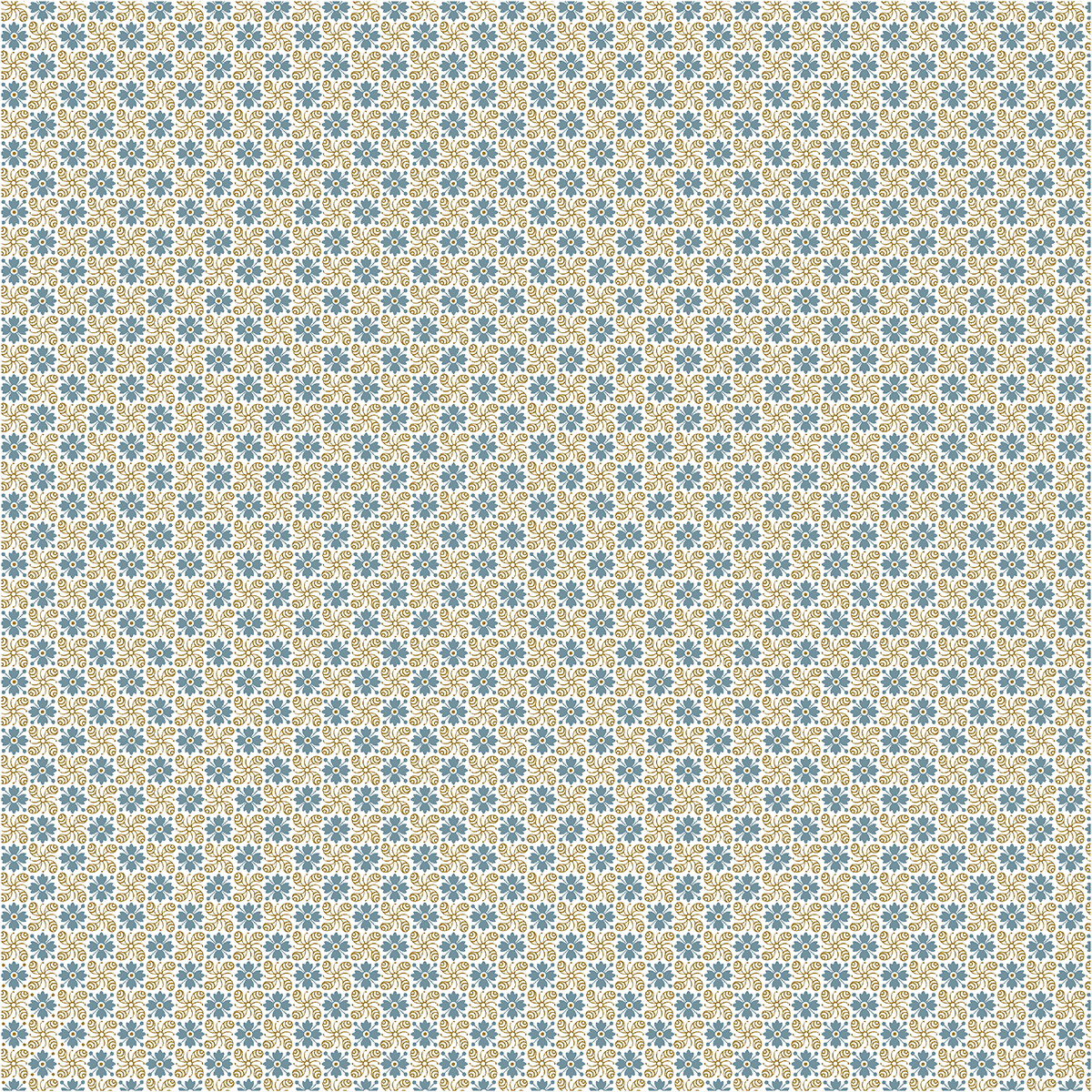 The 12x12 Francesca Damask Blue Text Paper features a symmetrical geometric pattern with blue and gold floral motifs on light beige, inspired by the Francesca collection. Sold as 5 sheets and printed on premium archival paper.