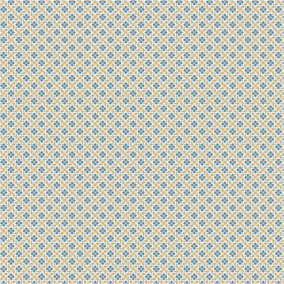 The 12x12 Francesca Damask Blue Text Paper features a symmetrical geometric pattern with blue and gold floral motifs on light beige, inspired by the Francesca collection. Sold as 5 sheets and printed on premium archival paper.