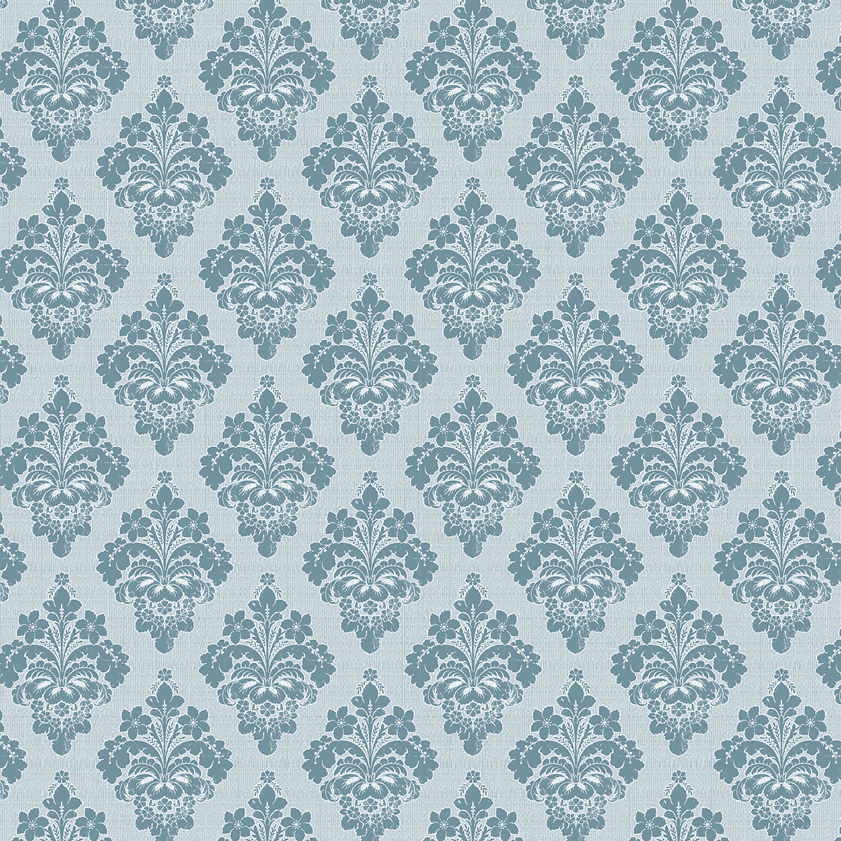 The 12x12 Francesca Damask Blue Text Paper (5 sheets) features a repeating blue damask floral design on light blue, inspired by the Francesca collection and printed on premium archival paper for classic, symmetrical decor.