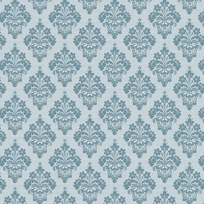 The 12x12 Francesca Damask Blue Text Paper (5 sheets) features a repeating blue damask floral design on light blue, inspired by the Francesca collection and printed on premium archival paper for classic, symmetrical decor.