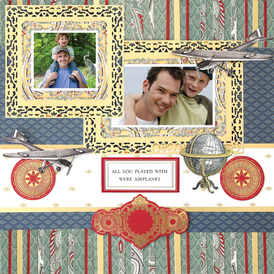 The 12x12 Scrapbook Page For Him Medallion and Paisley Stripe Right features two father-son outdoor photos, vintage airplane art, a globe, and a “ALL YOU PLAYED WITH WERE AIRPLANES” label for a strikingly lifelike memory display.