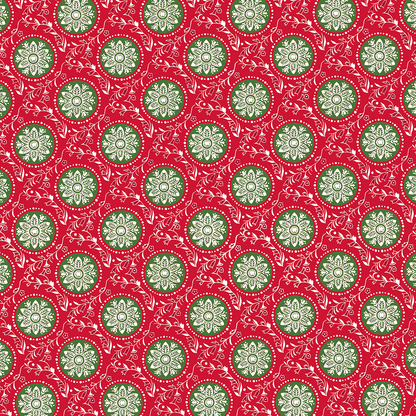 12X12 Christmas Medallion Red Cardstock features green and white floral circles with decorative white accents on a red background, printed double-sided. Includes 5 sheets from the Christmas collection.