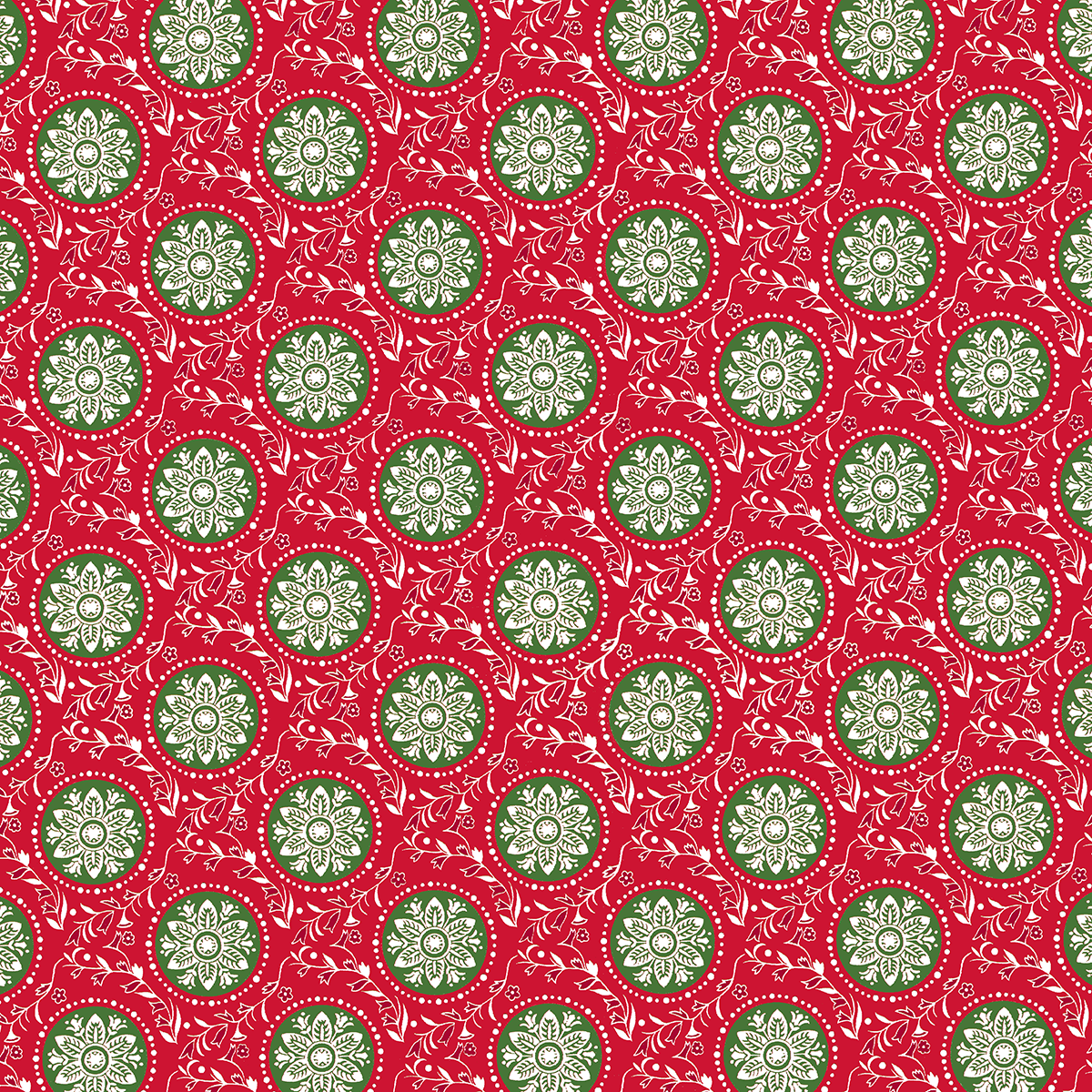 The 12x12 Christmas Medallion Red Text Paper (5 sheets) features green and white floral circles with white swirls on a red background—ideal for Christmas collection designs or archival projects.