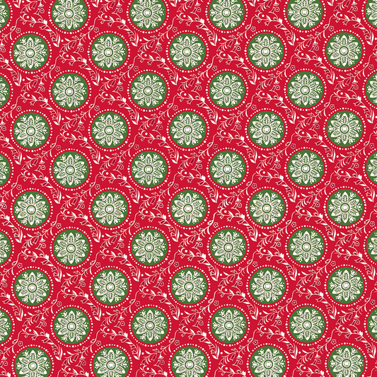 The 12x12 Christmas Medallion Red Text Paper (5 sheets) features green and white floral circles with white swirls on a red background—ideal for Christmas collection designs or archival projects.