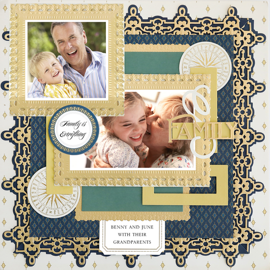 Create a heartfelt 12x12 scrapbook page using the "For Him Navy Diecut Frame Left," featuring two photos—a man and boy smiling, and a woman hugging a girl—plus decorative accents and the word "family." Text: "Benny and June with their grandparents.