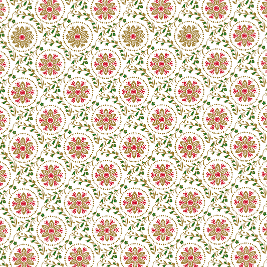 The 12X12 Christmas Medallion White Cardstock (5 sheets) features double-sided, acid and lignin free paper with red, green, and beige floral medallions on white—ideal for adding festive flair to your Christmas collection.
