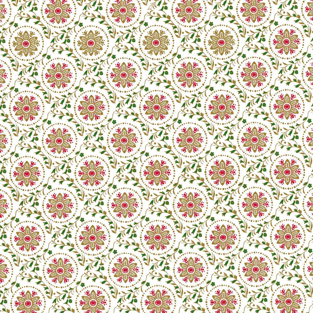 Elevate your Christmas crafts with 12x12 Christmas Medallion White Text Paper—5 sheets featuring seamless circular floral motifs in red, green, and gold on white. Perfect for festive projects or archival use.