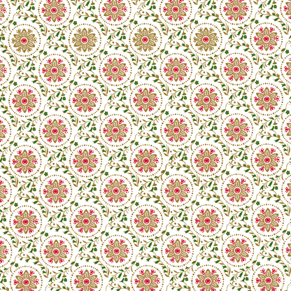 Elevate your Christmas crafts with 12x12 Christmas Medallion White Text Paper—5 sheets featuring seamless circular floral motifs in red, green, and gold on white. Perfect for festive projects or archival use.