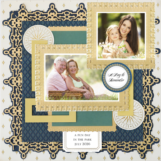 A 12x12 digital scrapbook page, "For Him Navy Diecut Frame Right," features ornate gold and blue frames, photos of loved ones outdoors, realistic paper crafting, and highlights "A Day to Remember" and "A Fun Day in the Park July 2026.