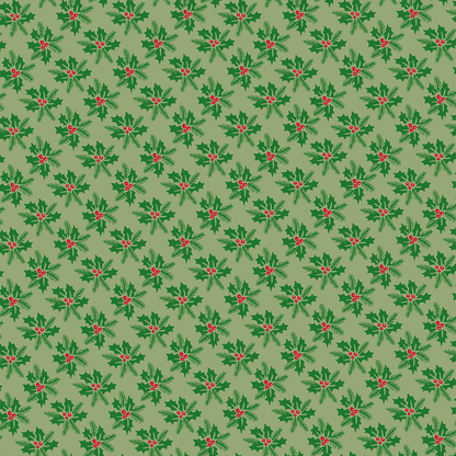 The 12x12 Christmas Damask Text Paper (5 sheets) features a seamless green holly leaf and red berry pattern on light green, perfect for Christmas collections or archival use on double-sided text paper.