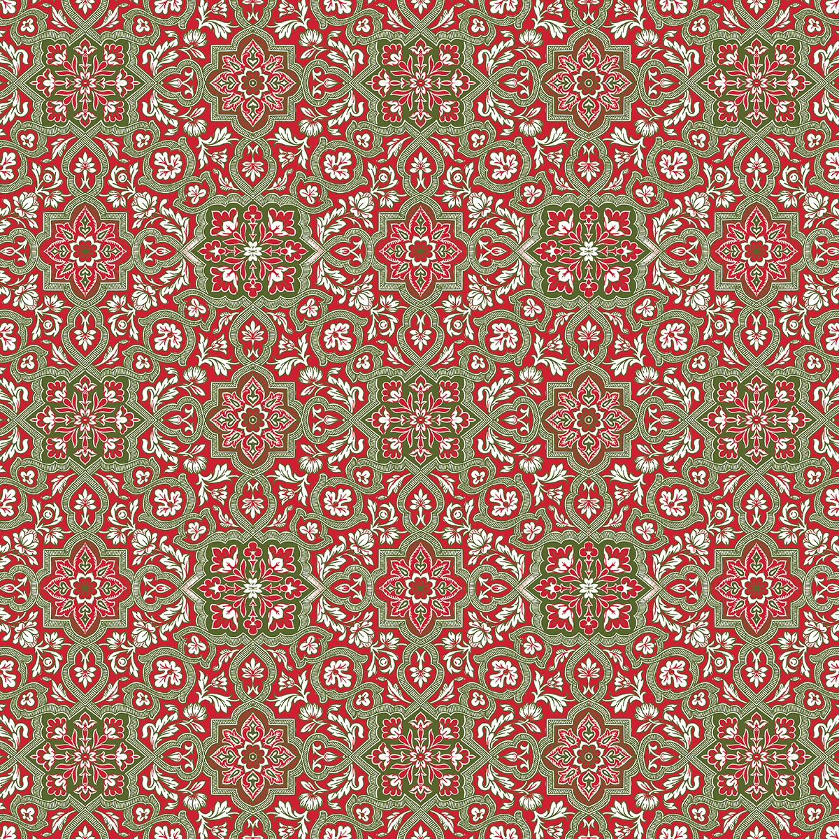 12X12 Christmas Damask Cardstock features red, green, and cream intricate geometric floral patterns with symmetrical, ornate details—ideal for Christmas projects or double-sided archival use. Includes 5 sheets.