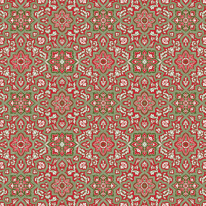 12X12 Christmas Damask Cardstock features red, green, and cream intricate geometric floral patterns with symmetrical, ornate details—ideal for Christmas projects or double-sided archival use. Includes 5 sheets.