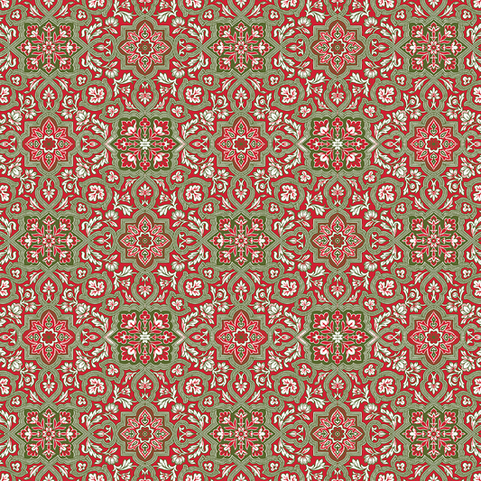The 12x12 Christmas Damask Text Paper 5 sheets feature an intricate red, green, and white floral-geometric design in a symmetrical, repeating pattern—perfect for double-sided Christmas paper crafts.