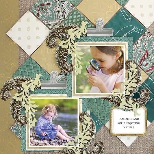 Two young girls, one holding a magnifying glass and the other by water, appear on a digital “12x12 Scrapbook Page For Him Quilted Paper Left” with a patterned background and text: “Dorothy and Sofia enjoying nature.”.