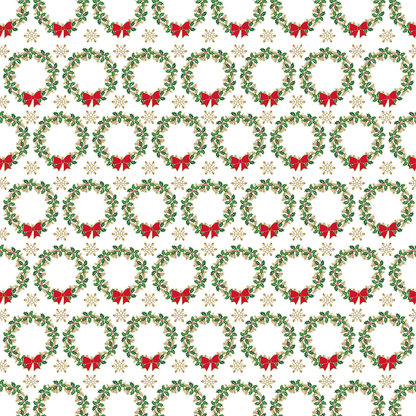 12X12 Christmas Holly Green Cardstock (5 sheets) features rows of red-bowed wreaths with holly leaves on white, gold snowflakes accents—perfect for double-sided designs, Christmas collections, and archival use.