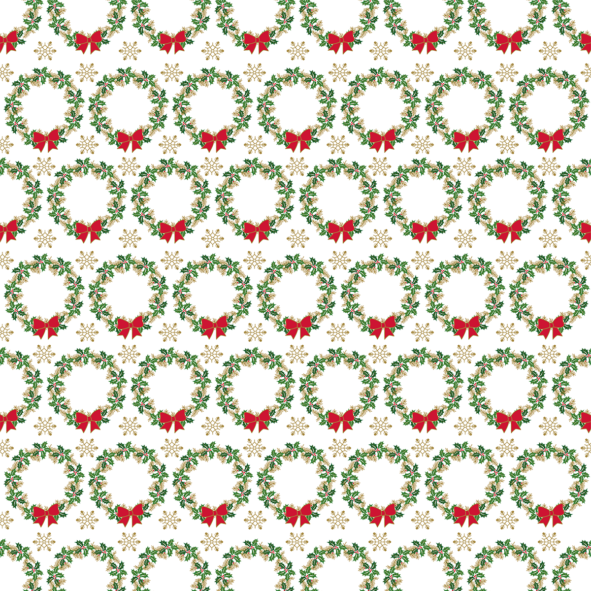The 12x12 Christmas Holly Green Text Paper (5 sheets) features a pattern of green wreaths with red bows and gold snowflakes on white—ideal for archiving or adding festive flair to your Christmas collection.