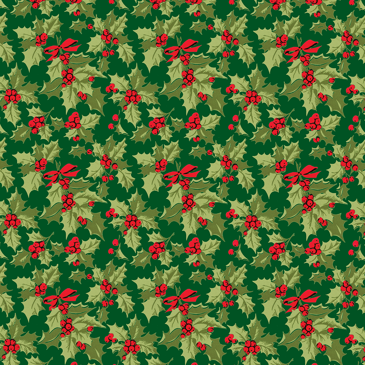 The 12X12 Christmas Holly Green Cardstock (5 sheets) features a seamless pattern of green holly leaves, red berry clusters, and red bows on a dark green background—ideal for festive crafting or archival holiday projects.