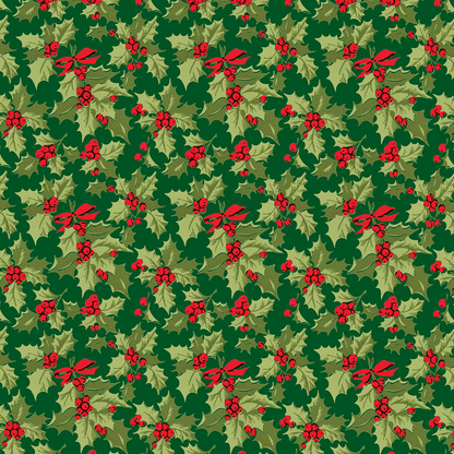 The 12X12 Christmas Holly Green Cardstock (5 sheets) features a seamless pattern of green holly leaves, red berry clusters, and red bows on a dark green background—ideal for festive crafting or archival holiday projects.