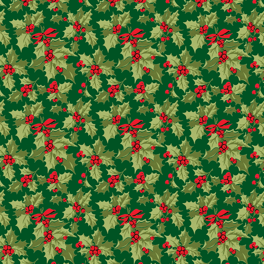The 12X12 Christmas Holly Green Cardstock (5 sheets) features a seamless pattern of green holly leaves, red berry clusters, and red bows on a dark green background—ideal for festive crafting or archival holiday projects.