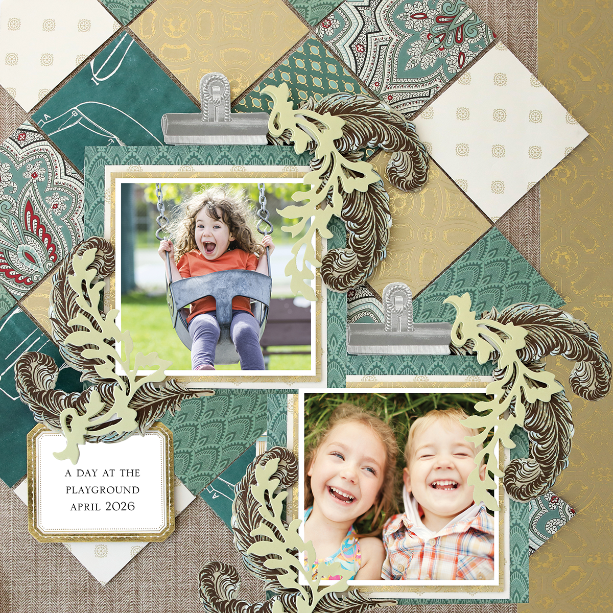 Two kids enjoy the outdoors, one on a swing and one laughing nearby, featured on a photo-realistic "12x12 Scrapbook Page For Him Quilted Paper Right" layout titled "A Day at the Playground April 2026.
