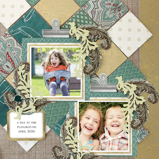 Two kids enjoy the outdoors, one on a swing and one laughing nearby, featured on a photo-realistic "12x12 Scrapbook Page For Him Quilted Paper Right" layout titled "A Day at the Playground April 2026.