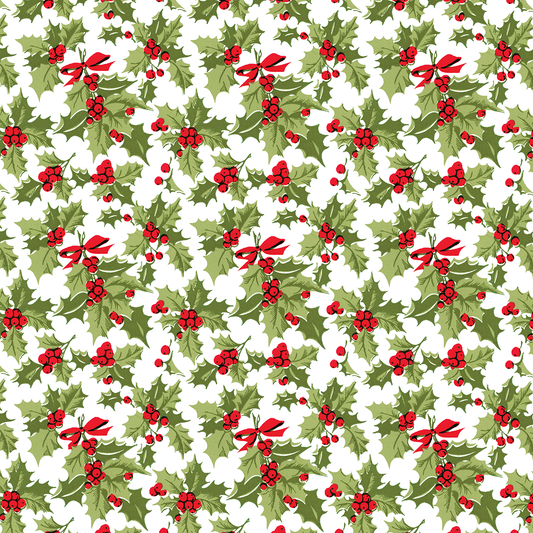 Add festive flair to your crafts with the 12X12 Christmas Holly White Cardstock (5 sheets), featuring a seamless green holly, red berry, and ribbon bow pattern on white—ideal for holiday collections or double-sided projects.
