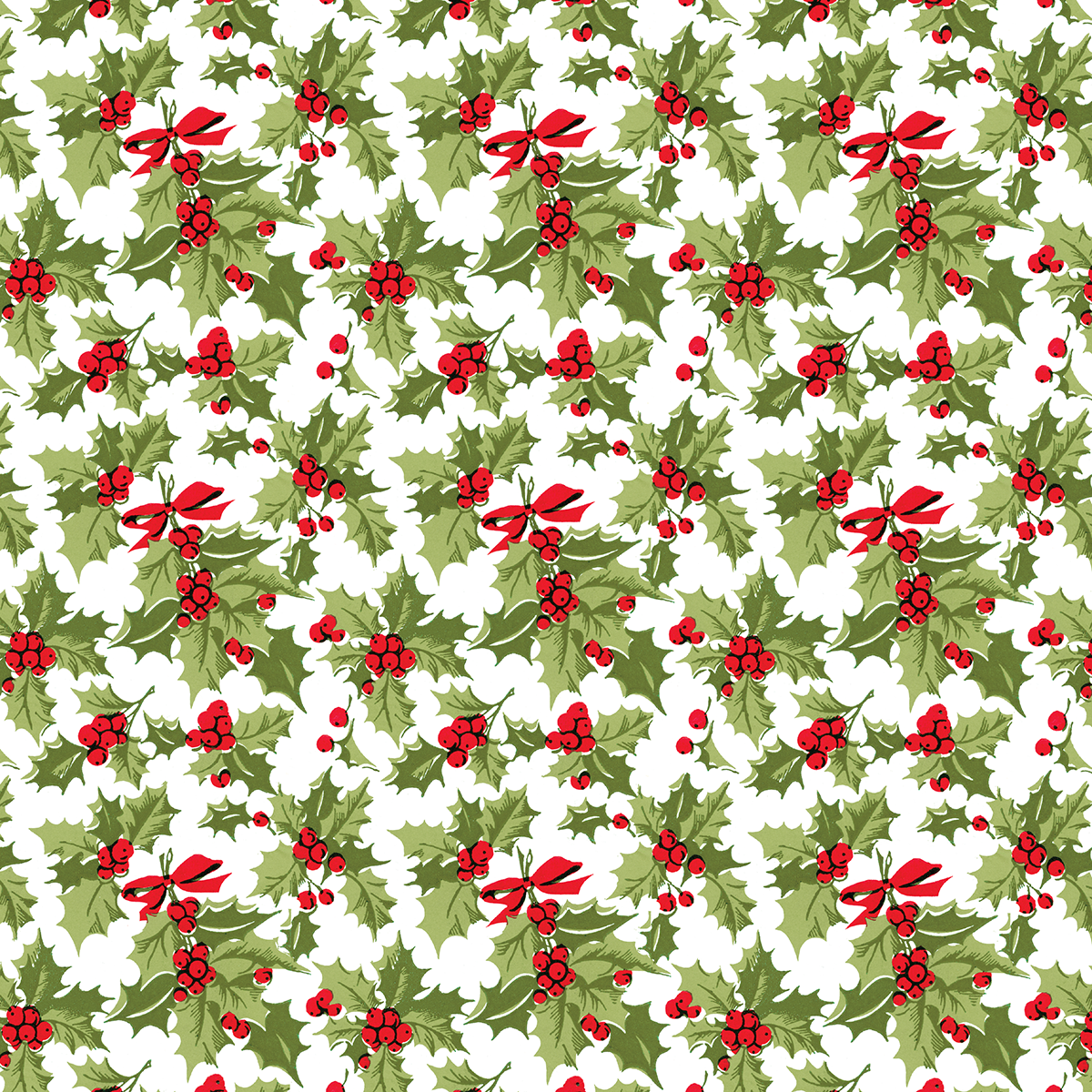 The 12x12 Christmas Holly White Text Paper (5 sheets) features a seamless pattern of green holly leaves, red berries, and red ribbons on a white background—ideal for your Christmas collection or archival use.