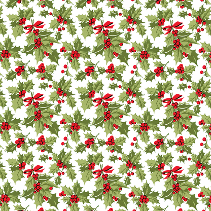 The 12x12 Christmas Holly White Text Paper (5 sheets) features a seamless pattern of green holly leaves, red berries, and red ribbons on a white background—ideal for your Christmas collection or archival use.