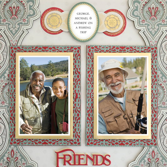 The 12x12 Scrapbook Page For Him Red & Green Frames Left features two framed photos—two men smiling outdoors and a man with a fishing rod—with the text "George, Michael & Andrew on a fishing trip" above.