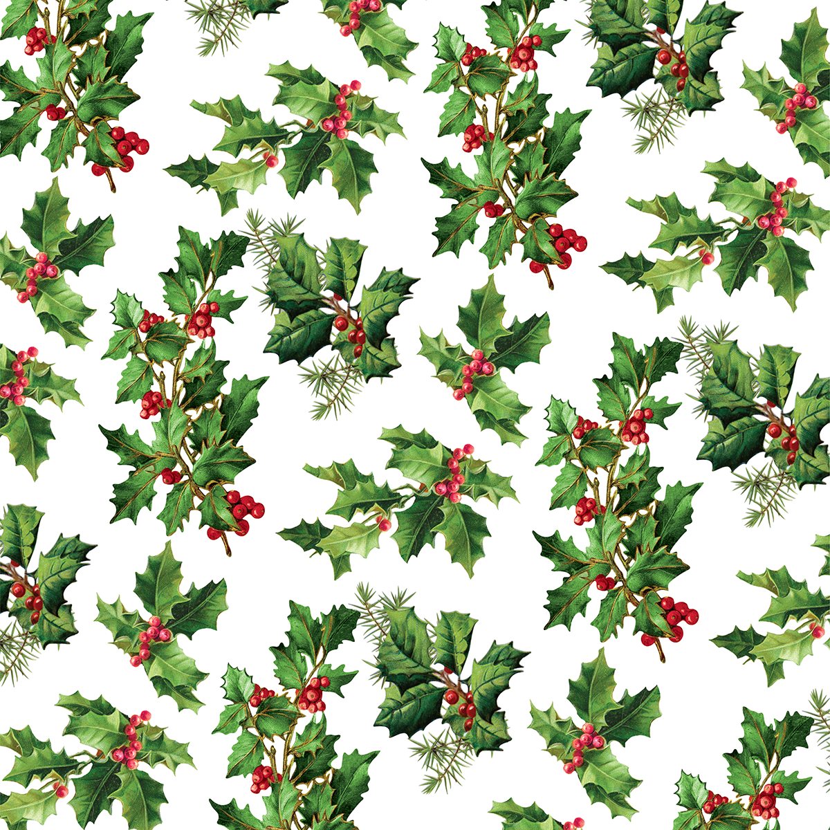 The 12X12 Christmas Botanical Cardstock includes 5 sheets featuring a seamless pattern of green holly leaves and red berries on white, ideal for double-sided Christmas crafts or archival projects.