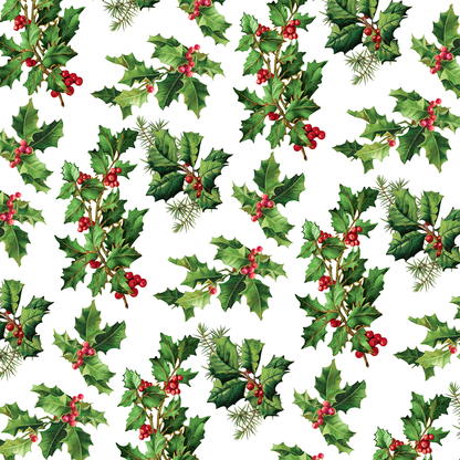 The 12X12 Christmas Botanical Cardstock includes 5 sheets featuring a seamless pattern of green holly leaves and red berries on white, ideal for double-sided Christmas crafts or archival projects.