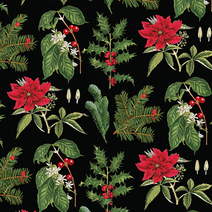 12X12 Christmas Botanical Cardstock 5 sheets features a seamless pattern of poinsettia flowers, holly leaves with berries, and pine branches on a black background—ideal for festive double-sided holiday projects.