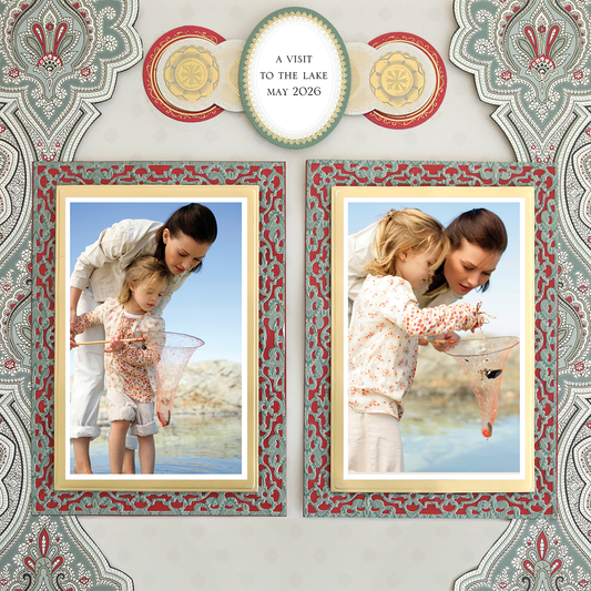 A woman and a young girl use a fishing net by the lake. Two photos are displayed on the "12x12 Scrapbook Page For Him Red & Green Frames Right" digital layout labeled "A Visit to the Lake May 2026.