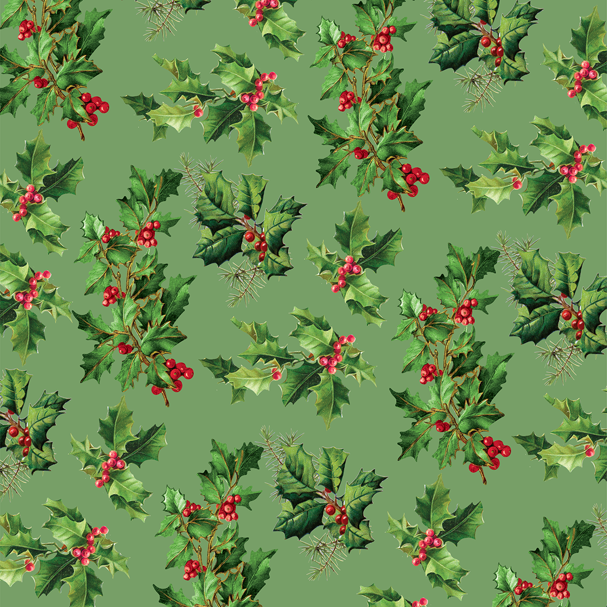 Festive 12X12 Christmas Poinsettia Cardstock (5 sheets) features a seamless pattern of holly leaves and red berries on green, ideal for holiday crafts, scrapbooking, or double-sided cardstock projects.