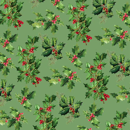Festive 12X12 Christmas Poinsettia Cardstock (5 sheets) features a seamless pattern of holly leaves and red berries on green, ideal for holiday crafts, scrapbooking, or double-sided cardstock projects.